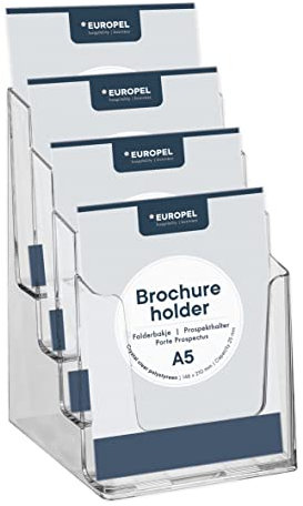 EUROPEL Etagen Prospekthalter Aufsteller - Injektion Mehrfach-Prospektständer - 4x DIN A5 - Transparent - Broschürenständer für Büros - Broschürenhalter Hochformat für Menü, Faltblatt, Flyer