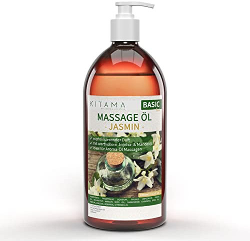 Kitama Massageöl Jasmin 1-Liter - umhüllender Jasminduft für pflegende Massage zuhause & in Massagepraxis - Aroma-Öl - Thai Massage-Öl made in Germany