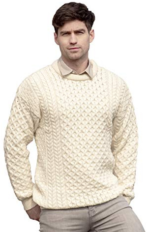 Aran Crafts Maglione Girocollo Unisex Lavorato a Maglia Irlandese (100% Lana Merino), Naturale, L