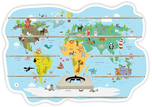 Farbklecks-Collection Tonie Regal Weltkarte Kinder, 69 x 48 x 6 cm | Wandregal für mehr als 60 Hörfiguren, mit speziellem Ablagefach kompatibel mit Toniebox, handgefertigt in Deutschland