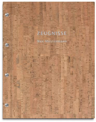 Personalisierte Zeugnismappe im hellen Kork-Einband – 2-zeiliger Wunschtext als Prägung – 12 Hüllen für DIN-A4 Dokumente
