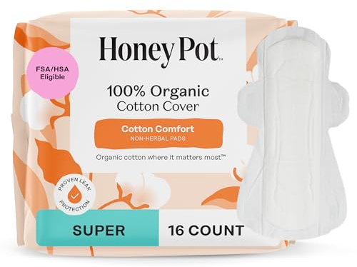 The Honey Pot Company - Sanitary Pads for Women - Non-Herbal Super w/Wings - Organic - Cotton Cover & Ultra-Absorbent Pulp Core - Feminine Care - 16 ct
