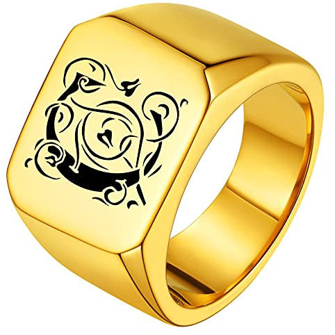 ChainsHouse Anillo Clasico de Caballero con Inicial en Gotico, Anillos Sellos Cuadrados Talla 69.7 mm Dorado