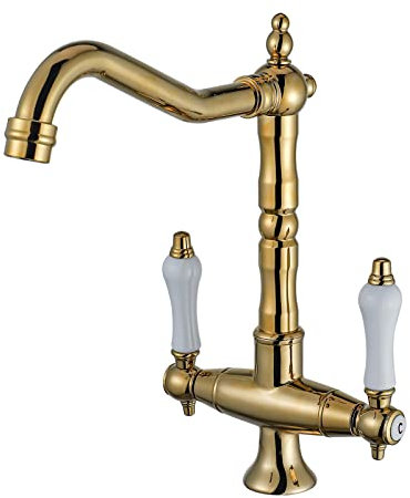BOAOTX Rubinetto da cucina vintage dorato rubinetto da cucina rotante a 360°, miscelatore per lavello a due maniglie, rubinetto per lavello da cucina, miscelatore ad alta pressione, beccuccio alto in