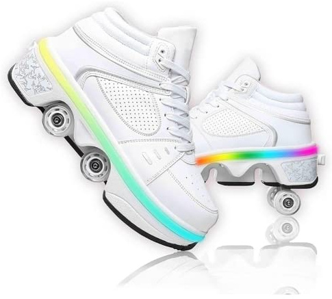 Patin À Roulette Fille, Sneakers Roller Chaussures De Skateboard Baskets avec Roues Sport Gymnastique Mode Multi-usages Kick Roller Shoe pour garçons Filles