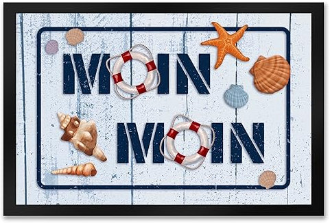 speecheese Moin Moin Fußmatte XXL in 50x75 cm mit maritimen Motiv als Dekoration für den Hauseingang mit norddeutscher Begrüßung und Rettungsringen