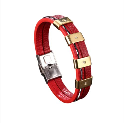 Armband Damen,Herren Armbänder Leder Mehrschichtiges Goldenes Geflochtenes Lederarmband Modeaccessoires Schnalle Eingelegtes Design Rotes Lederarmband Charm Schmuck Für Damen Herren Geschenk 195 Mm