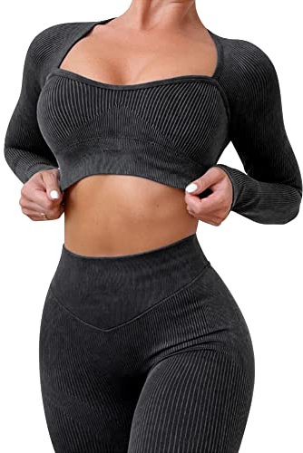 IMEKIS Zweiteilig Trainingsanzug Gym Set f?r Damen Trainings Outfit Sportbekleidung Sport Crop Top mit Hoher Taille Laufshorts Leggings Nahtlos Gerippt Yoga Sportanzug Fitness Activewear Schwarz M