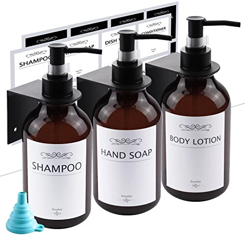 Seifenspender Wandbefestigung- 3er Set 500ml Shampoo Flaschen zum Befüllen,Seifenspender Wand Ohne Bohren mit Edelstahl Wandhalterungen, Shampoo Spender für Küche und Dusche Braun