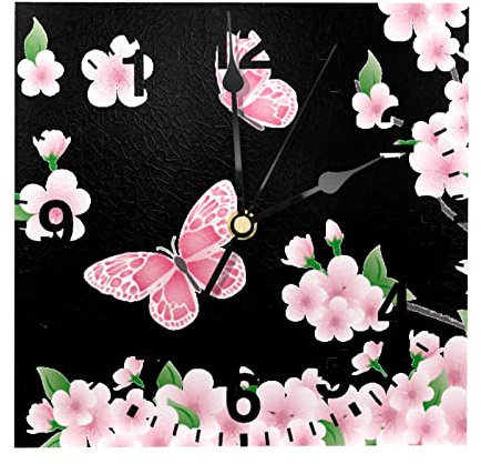 Orologio da parete quadrato con fiori di pesca rosa farfalla 20 cm a batteria al quarzo silenzioso orologio da parete per cucina soggiorno camera da letto ufficio