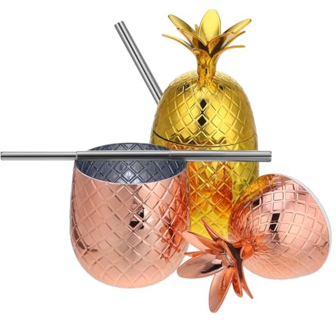 Healeved Lot de 2 verres à vin en acier inoxydable avec couvercle et paille en forme d'ananas pour piscine, fête tropicale, bar, 450 ml