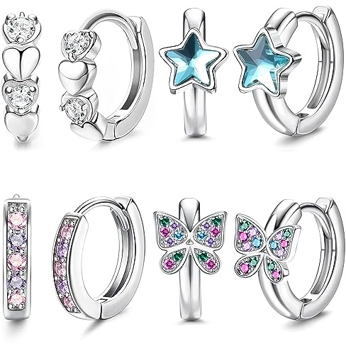 JeweBella 4 par små kreoler örhängen silver för kvinnor flickor rosa/blått hjärta stjärna fjäril zirkonia örhängen kreoler set allergivänliga sömn huggie brosk örhängen kreoler för barn, S, Zirkon