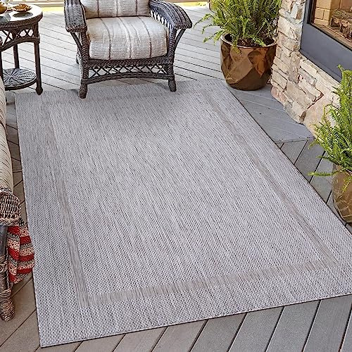 HomebyHome Outdoor Teppich Wetterfest 120x170 cm Silber Bordüre Design Flachgewebe Waschbar für Balkon Terrasse Garten Wohnzimmer Küche
