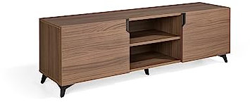 MOMMA HOME Mueble TV Salón, Mesa de televisión 2 Puertas y Baldas centrales e Interiores, Acabado en Nogal. Patas Metálicas, Modelo Over, 180 cm (Largo) x 55 cm (Alto) x 45 cm (Fondo)