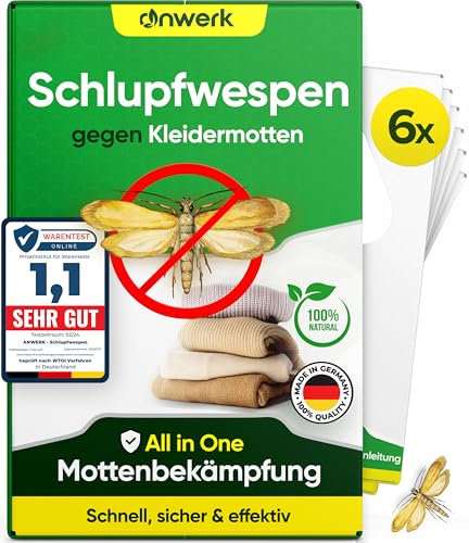 anwerk® Schlupfwespen gegen Kleidermotten - 6 Karten (1 Karten à 6 Lieferungen) - Effektiv Kleider Motten bekämpfen - Alternative zur Mottenfalle, Mottenspray, Pheromonfalle