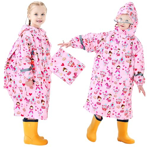 Domueay Poncho de Lluvia para Niños Impermeable Ligero Infantil 3-12 años | Capa de lluvia, Lindos, con Capucha y Reflectantes, Plegable Chaqueta, Unisex, con Espacio para mochila, Deportivos Escolares