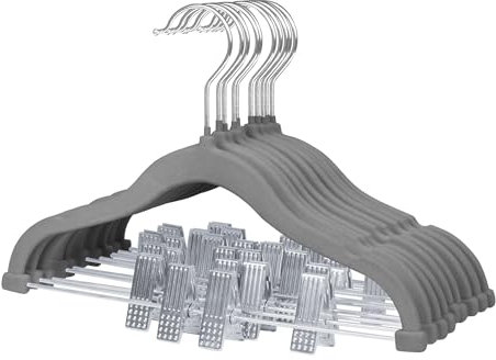 MangoKit 30cm Baby Kleiderbügel mit Verstellbaren Klammern, 10 Stück Hosenbügel, Samt Kinder Kleiderbügel, Ultradünne Platzsparende Kinderkleiderbügel für Hemden, Hosen, Kleider, Röcke, Jacken(Grau)