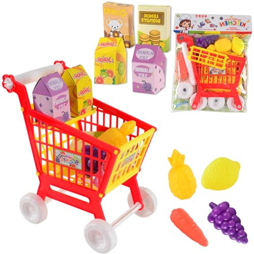 Falafoty Kinder Einkaufswagen Trolley Spielzeug, 21PCS Supermarkt Einkaufen Spielset Wagen mit Essen Obst Gemüse, Rollenspiel vorgeben Lernspielzeug Geschenk für Kinder Einkaufswagen-Zubehör (Rot)