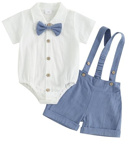 Geagodelia Tenue Gentleman Bébé Garçon de 2 Pièces, Body Chemise à Manches Courtes + Shorts à Bretelles, Ensemble Gentleman Baptême Mariage Cérémonie (Bleu, 3-6 mois)