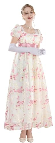FCCAM Robe Dame Regency Jane Austen Longue Robe Vintage Victorienne Robe de Bal avec Gants Taille Empire, XL