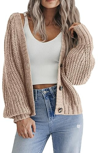 HOTOUCH Short Cardigans for Women UK Womens Open Front Cardigan Short Jumpers Button Down Ribbed Knit Lightweight Outerwear for Winter Spring Khaki XXL