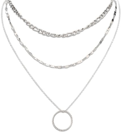 3 Pz Collane Multistrato in Argento per Donna, Choker Impilabili Collana a Catena a Strati Collana Girocollo Delicata Catena con Ciondolo Circolare Regali di Gioielli Alla Moda per Ragazze