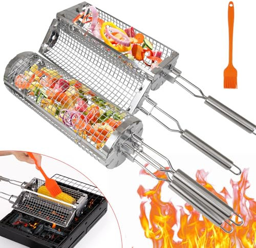 2 Pcs Grill Baskets, Side-Opening Design BBQ Accessories Tools, Heavy Duty Stainless Steel Rolling Grilling Nets, Removable Handle, BBQ Gifts for Men, for Vegetables, Smaller Foods, Camping Cooking