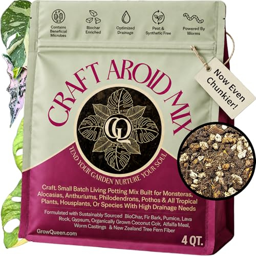 Grow Queen Craft Aroid Potting Mix - Elite Alocasia, Philodendron, Monstera Soil Mix, Coarse, Well-Draining Potting Soil for Indoor Plants, All Tropical Plants & Houseplants, Synthetic & Peat Free 4QT