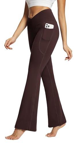 baleaf Dam utsvängda leggings yogabyxor med fickor bootcut byxor crossover hög midja träning 27/29/32 tum/34 tum, Brun – 29 tum, L
