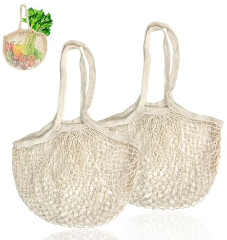 HUSOUE 2 Stück Netzbeutel, Einkaufsnetz Netztasche Groß Wiederverwendbar Einkaufstasche Mesh Baumwolle Einkaufen mit Langer Griff für Lager Obst Gemüse Markt Lebensmittel Einkaufen