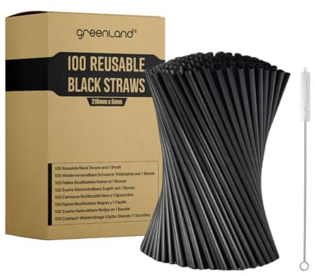 Greenland® 100 Wiederverwendbare Schwarze Trinkhalme mit Bürste – 21 cm lang, 6 mm breit – Perfekt für Cocktails, Milch, Saft, Tee (Strohhalme)