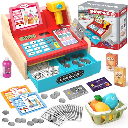 2025 Registratore di Cassa Giocattolo in Legno con Calcolatrice Scanner Giochi per Bambini 3+ Anni, Giocattoli per Negozi di Giochi Finti Regali Educativi per Ragazze Ragazzi 3 4 5 6 7 Anni, Rosso&Blu