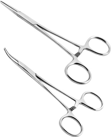 Ainiv 2 Stück Piercingzange Set, 18cm Selbstverriegelnde Piercing Zange | Fischerei Klemme mit Sägezahndesign, Vielseitige Verriegelungszange für DIY Handwerk Haustierpflege (Gerade + Gebogen)