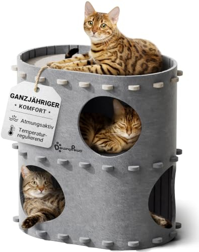 DownyPaws Cuccia per Gatti in Pelliccia, Letto a 2 Piani Casetta per Gatti 50x33x50 cm, Castello per Giocare, Design Accogliente, Protezione per le Unghie, Grigio