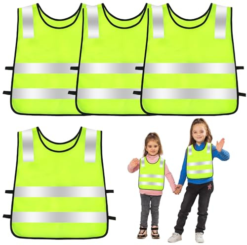 Lot de 4 Gilets de Sécurité pour Enfants, Gilets de Sécurité Haute Visibilité pour Voiture, Gilets de Sécurité Réfléchissants Haute Visibilité pour Enfants Légers(3-12 ans)