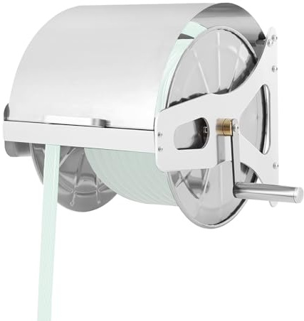 Avvolgitubo da giardino in acciaio inox resistente con manovella, montaggio a parete o da pavimento per riporre facilmente il tubo da giardino, prato e fattoria