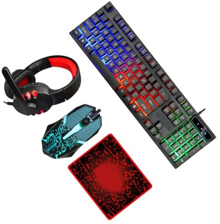 DIYEAH Teclado y Ratón para Juegos USB 2.0 Abs Negro 104 Teclas | Combo de 1 Juego Auriculares y Alfombrilla, Conexión 3.5mm, 4 Botones Ratón
