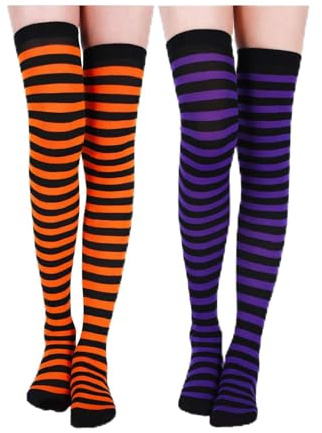 CATASTRBT Calzini Sopra Il Ginocchio a Righe 2 Paia Calze da Donna a Righe Sopra Il Ginocchio per Festa di Halloween, Cosplay, Mascherata