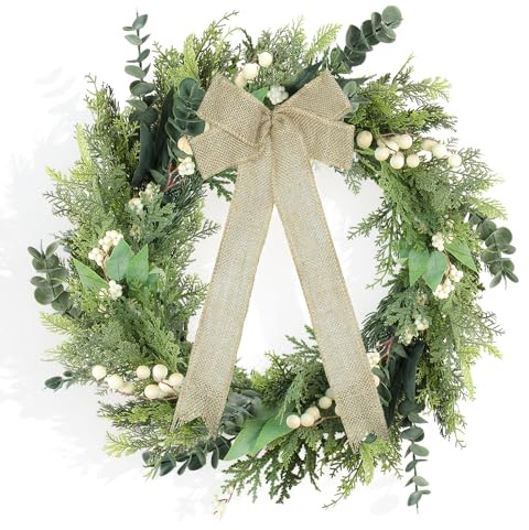 GOVIRAYE 60 cm künstlicher Weihnachtskranz für Haustür | Eukalyptus-Kranz mit weißen Beeren & Juteband | Dekokranz für Innenbereich und Außenbereich | Weihnachtsdekoration in Winterweiß