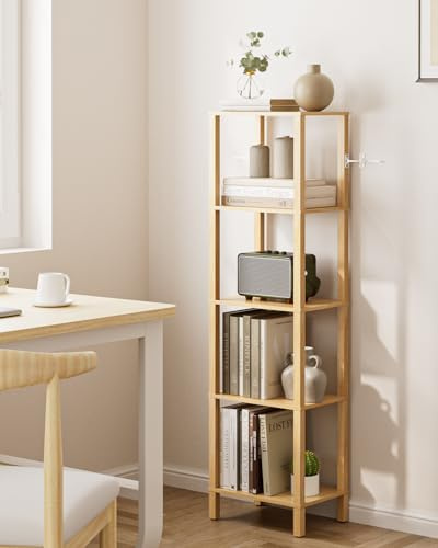 Apetaccat Bücherregal, Regal Schmal mit 5 Ebenen, Küchenregal mit offenen Regalen, 38 cm x 27 cm x 136 cm, Standregal für Wohnzimmer, Büro, Arbeitszimmer, Eiche