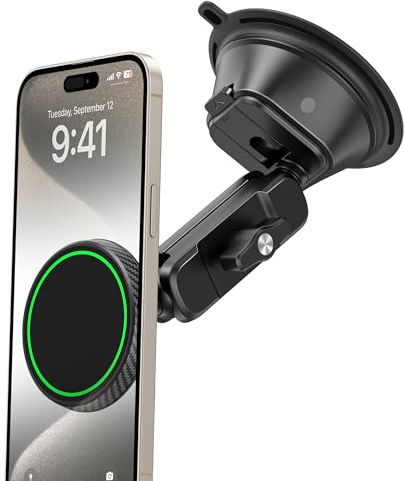 Magnetic Vacuum Suction Cup Phone Mount for Truck & Car, Heavy Duty Semi Truck Holder, 17x Strong Magnets, Adjustable Aluminum Arm Windshield Dashboard Window Mount for MagSafe iPhone 12–17 & Samsung