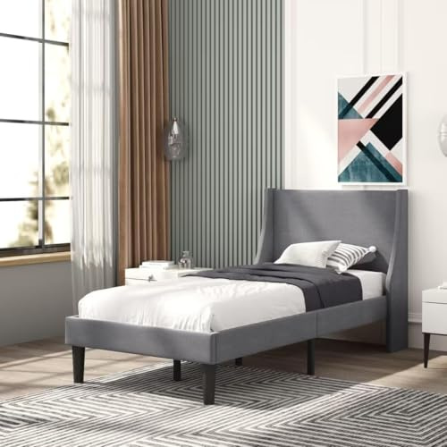 BTM Soft Linen Grey Single Bed,3FT-90x190cm Upholstered Single Bed with Winged Headboard, Wood Slat Support, No Mattress