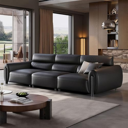 Italiensk modern enkel svart lädersoffa, rymlig och mjuk soffa med massiv träram, modern stor storlek, lämplig för vardagsrum/kontor/lägenhet.