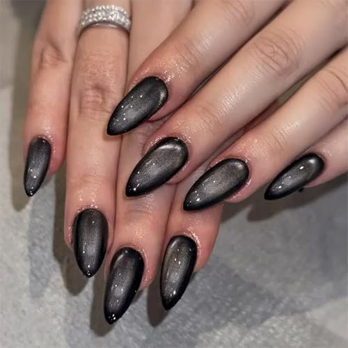 Nymora 24 Stück Press On Nägel Black, Cat's Eye Kunstnägel Fake Nägel, Mandelform Stiletto Spitze mit Glitter Chrome Gel Optik, Inklusive Kleber & Feile, Für Damen Party Maniküre