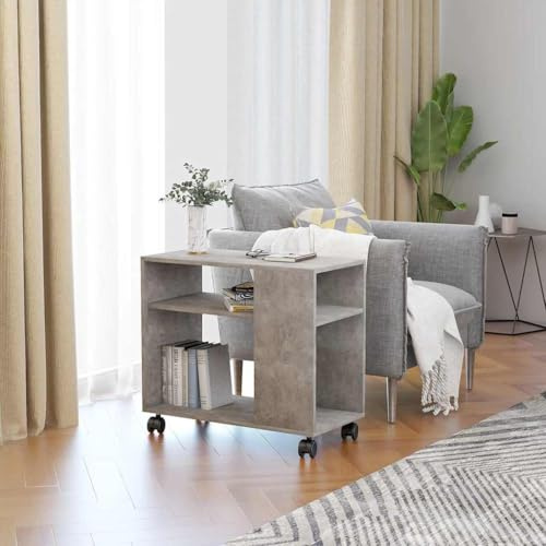 ZQQLVOO Concrete Grey Side Table 70x35x55 cm Engineered Wood Chipboard with Wheels for Living Room, Modern End Table with Ample Storage Space for Magazines Books Remote Control, Easy