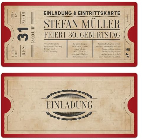 Kartenmachen.de Personalisierte Vintage Geburtstagseinladungen (als Set ab 10 Stück) als Eintrittskarte mit Abrissstreifen im Vintage Ticket Look in Rot, DIN Lang, dickes 300g/qm Papier