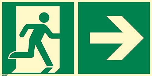 Notausgang Schild rechts 400 x 200 mm – Hart-PVC 2 mm, glänzend, langnachleuchtend 55/8 mcd DIN 67510 Leuchtklasse B gemäß ASR A1.3 / ISO 7010 E002 – Rettungszeichen Sicherheitszeichen