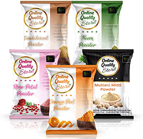 Online Quality Store Multani Mitti + polvo chandan + polvo de cáscara de naranja + polvo Neempolver + polvo de rosa (5 unidades) 400 g