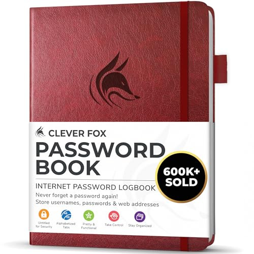 Clever Fox Passwortbuch mit Registerkarten, Kleines, Weinrot | Adress- und Passwort-Organisationsbuch mit alphabetischen Registerkarten - Passwortbuch für Computer- und Website-Logins