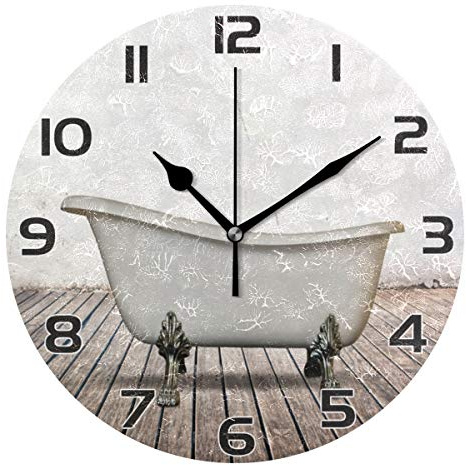 Qilmy Vintage Bathtub Wall Clock Silent Non Ticking Oil Painting Round Clock for Living Room Bedroom Bathroom Home Decor